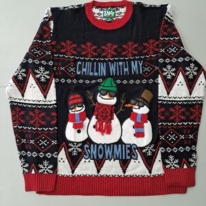 Ugly Christmas Sweater Black and Red Crewneck with Snowman Design NWOT